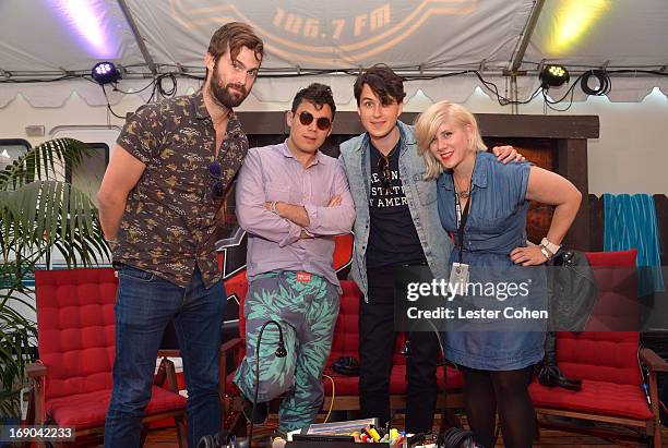 Chris Tomson, Rostam Batmanglij and Ezra Koenig of Vampire Weekend and DJ Kat backstage at KROQ Weenie Roast Y Fiesta at Verizon Wireless...