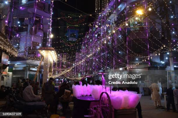 View of a street as it is illuminated with colorful decoration lights for the celebrations for Mawlid al-Nabi, birth anniversary of Muslims' beloved...