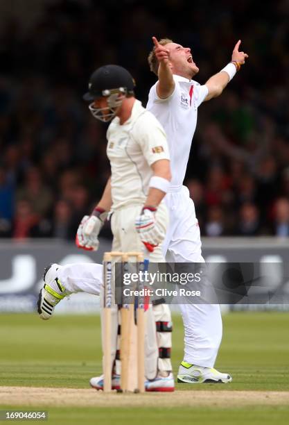 Stuart Broad of England celebrates the wicket of Brendon McCullum of New Zealand during day four of 1st Investec Test match between England and New...