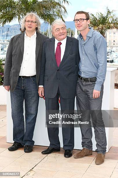 Producer Danny Krausz, Director Claude Lanzmann and producer David Frenkel attends the 'Le Dernier Des Injustes' photocall during the 66th Annual...