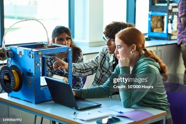 multiracial group of technical college students working on project in class - 3d printer college students stock pictures, royalty-free photos & images