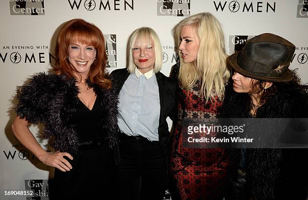 Comedian Kathy Griffin, singers Sia, Natasha Bedingfield and producer/musician Linda Perry arrive at An Evening With Women benefiting The L.A. Gay &...