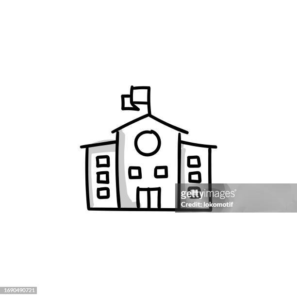 school sketchy doodle vector icon with editable stroke - elementary school building exterior stock illustrations