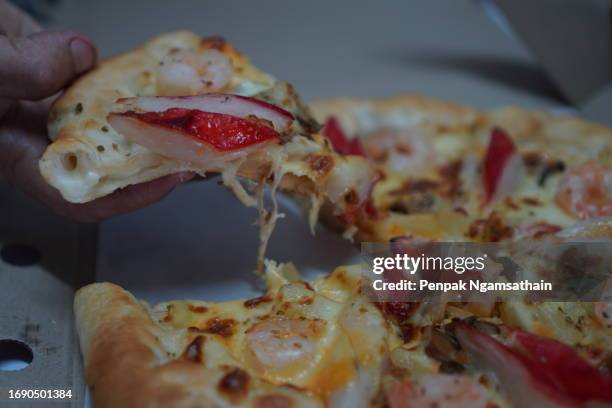 pizza seafood and pizza sauce cheese in paper box, food background - hawaiian pizza stock pictures, royalty-free photos & images