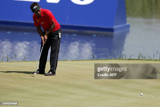 Thongchai Jaidee of Thailand plays during the final match of the Volvo World Match-Play Championship against Graeme McDowell of Northern Ireland at...