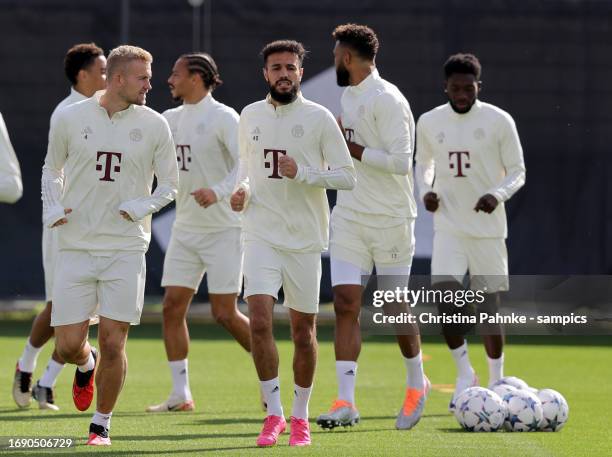 Matthijs de Ligt of FC Bayern Muenchen and Noussair Mazraoui of FC Bayern Muenchen at Säbener Strasse on September 19, 2023 in Munich, Germany.
