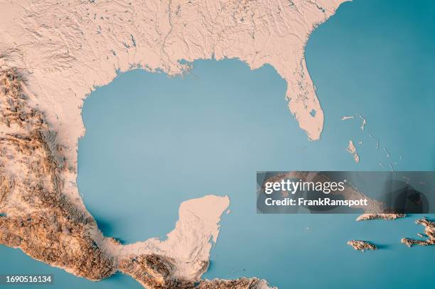 mapa topográfico del golfo de méxico horizontal 3d render neutral - golfo de méxico fotografías e imágenes de stock