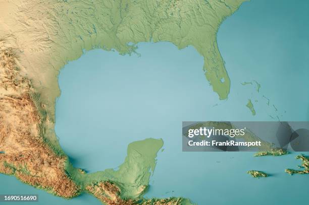 gulf of mexico topographic map horizontal 3d render color - gulf of mexico aerial stock pictures, royalty-free photos & images