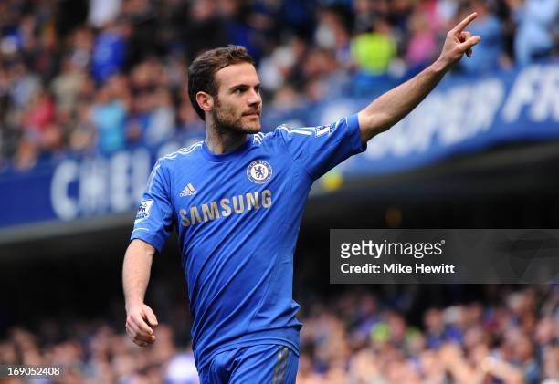 Juan Mata of Chelsea celebrates scoring the opening goal during the Barclays Premier League match between Chelsea and Everton at Stamford Bridge on...
