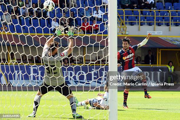 Panagiotis Kone of Bologna FC kicks on goal during the Serie A match between Bologna FC and Genoa CFC at Stadio Renato Dall'Ara on May 19, 2013 in...