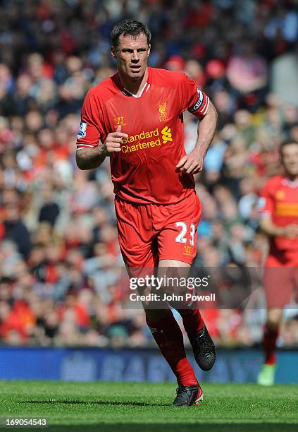 Jamie Carragher of Liverpool in action during the Barclays Premier League match between Liverpool and Queens Park Rangers at Anfield on May 19, 2013...