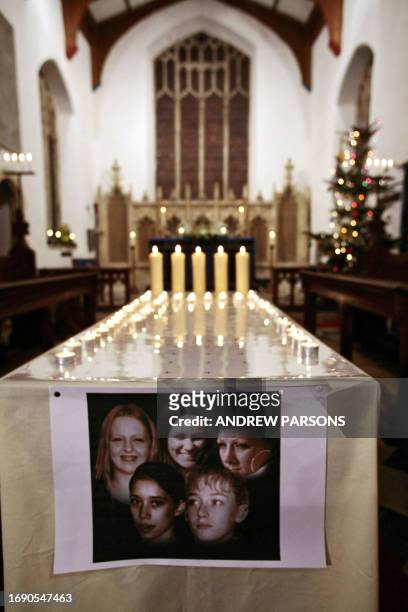 Picture showing the five female sex workers killed in Suffolk in the last two weeks, is displayed at a candelite service of prayer 15 December 2006,...