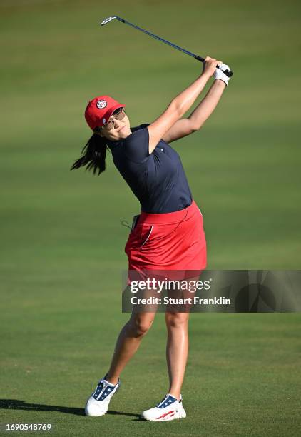 Rose Zhang of team USA plays a shot during practice prior to the The Solheim Cup at Finca Cortesin Golf Club on September 19, 2023 in Casares, Spain.