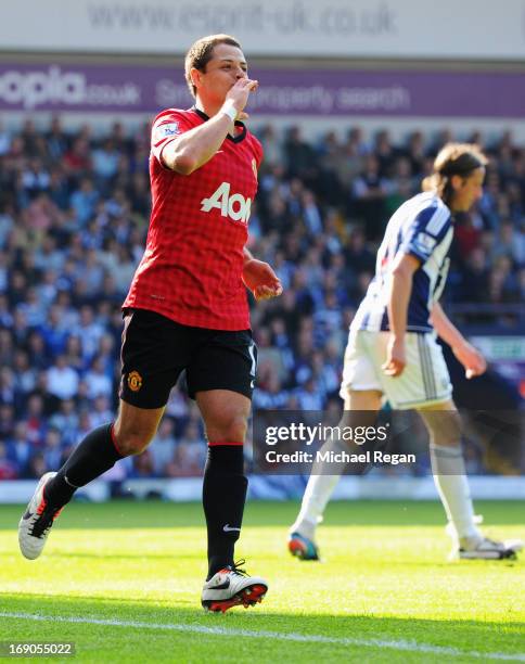 Javier Hernandez of Manchester United celebrates as he scores their fifth goal during the Barclays Premier League match between West Bromwich Albion...