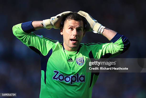 Ben Forster of West Bromwich Albion reacts during the Barclays Premier League match between West Bromwich Albion and Manchester United at The...