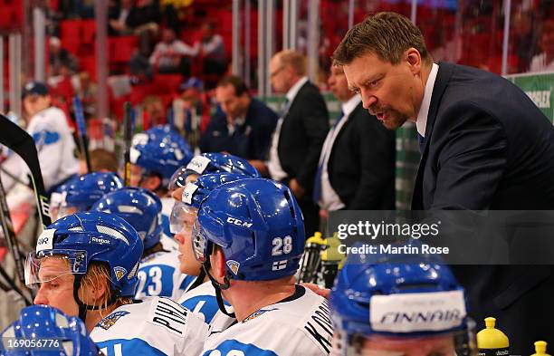 Jukka Jalonen , head coach of Finland gives instructions during the IIHF World Championship third place match between Finland and USA at Globen Arena...