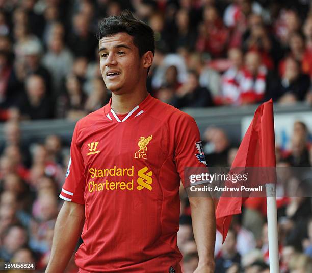 Philippe Coutinho of Liverpool in action during the Barclays Premier League match between Liverpool and Queens Park Rangers at Anfield on May 19,...