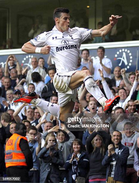 Tottenham Hotspur's Welsh midfielder Gareth Bale celebrates scoring the winning goal during the English Premier League football match between...
