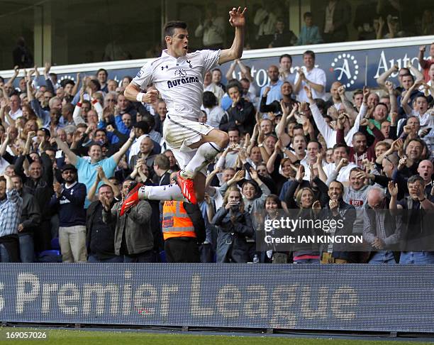 Tottenham Hotspur's Welsh midfielder Gareth Bale celebrates scoring the winning goal during the English Premier League football match between...