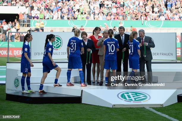 Potsdam players are honoured finishing second after loosing the Women's DFB Cup Final between VfL Wolfsburg and 1. FFC Turbine Potsdam at Rhein...