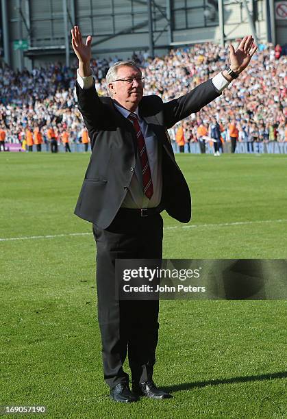 Manager Sir Alex Ferguson of Manchester United waves goodbye to the fans after the Barclays Premier League match between Wet Bromwich Albion and...