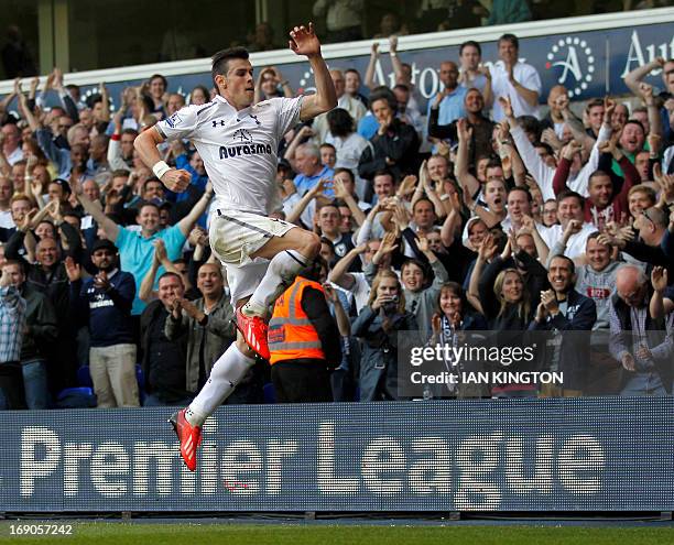 Tottenham Hotspur's Welsh midfielder Gareth Bale celebrates scoring the only goal during the English Premier League football match between Tottenham...