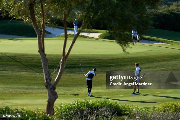 Linn Grant of Team Europe plays a shot during practice prior to the The Solheim Cup at Finca Cortesin Golf Club on September 19, 2023 in Casares,...