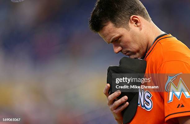 Matt Diaz of the Miami Marlins looks on during a game against the Arizona Diamondbacks at Marlins Park on May 19, 2013 in Miami, Florida.