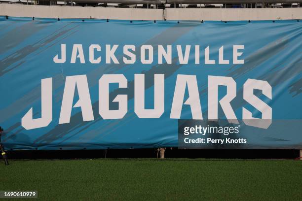 Jacksonville Jaguars logo banner prior to NFL football game against the Tennessee Titans at TIAA Bank Field on Saturday, January 7, 2023 in...