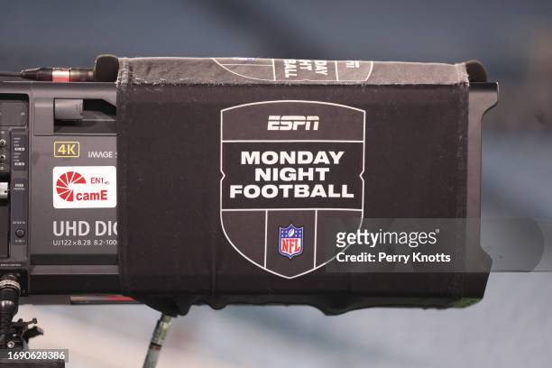 Monday Night Football logo on a television camera prior to NFL football game between the Jacksonville Jaguars and the Tennessee Titans at TIAA Bank...