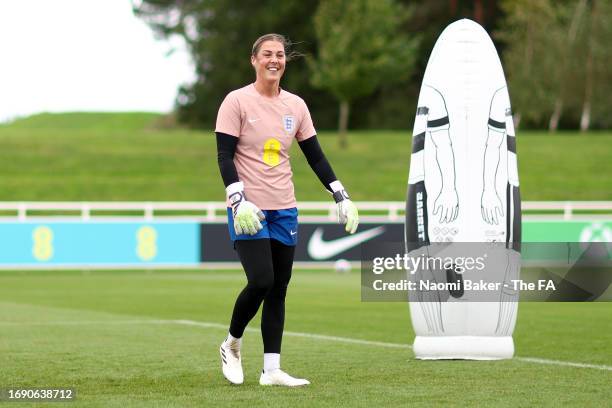 Mary Earps of England reacts during a training session at St George's Park on September 19, 2023 in Burton upon Trent, England.