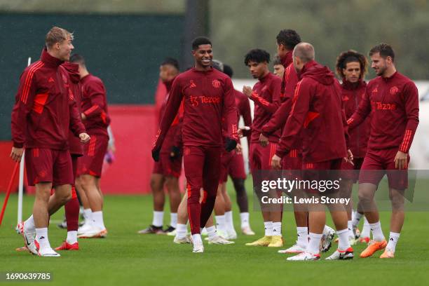 Marcus Rashford of Manchester United reacts during a Manchester United Training Session at Carrington Training Ground on September 19, 2023 in...