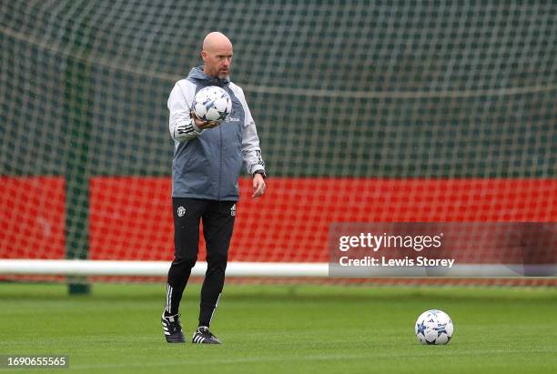 Erik ten Hag, Manager of Manchester United, looks on during a Manchester United Training Session at Carrington Training Ground on September 19, 2023...