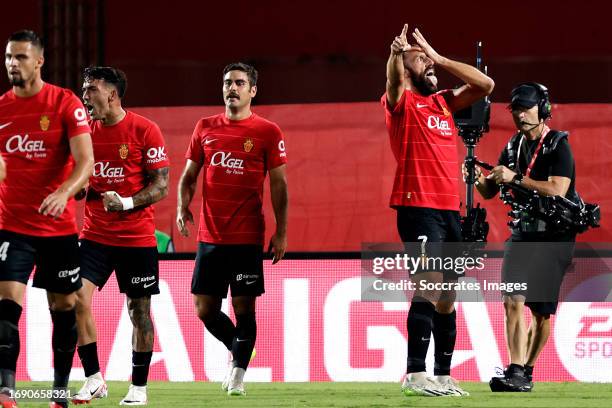 Vedat Muriqi of Real Mallorca celebrates 1-0 during the LaLiga EA Sports match between Real Mallorca v FC Barcelona at the Visit Mallorca Stadium on...