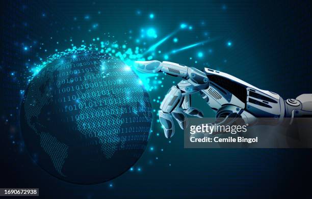 robotic hand touching virtual globe - bot stock illustrations