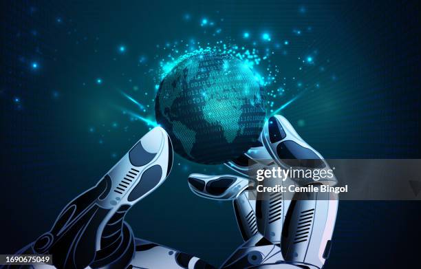 robotic hand holding virtual globe - robotics stock illustrations