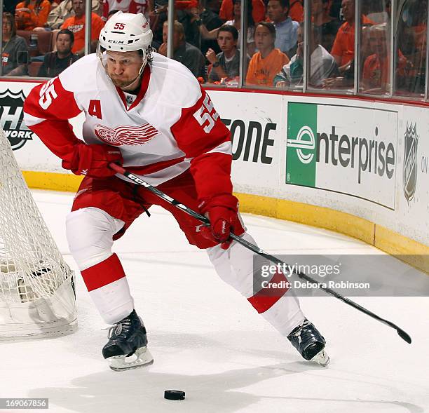 Niklas Kronwall of the Detroit Red Wings handles the puck during the game against the Anaheim Ducks in Game Seven of the Western Conference...