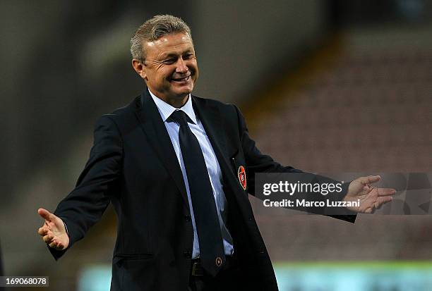 Cagliari Calcio manager Ivo Pulga celebrates a victory at the end of the Serie A match between Cagliari Calcio and S.S. Lazio at Stadio Nereo Rocco...