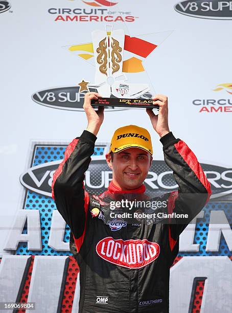 Fabian Coulthard driver of the Lockwood Racing Holden celebrates after winning race 15 of the Austin 400, which is round five of the V8 Supercar...