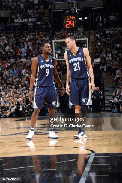 Tony Allen of the Memphis Grizzlies and Tayshaun Prince of the Memphis Grizzlies confer during Game One of the Western Conference Finals between the...