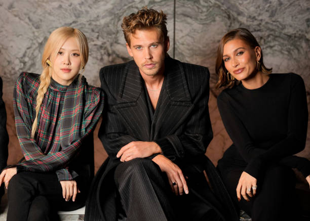 Rosé of BLACKPINK, Austin Butler and Hailey Bieber at Saint Laurent Ready To Wear Spring 2024 held at Place Jacques Rueff on September 26, 2023 in...