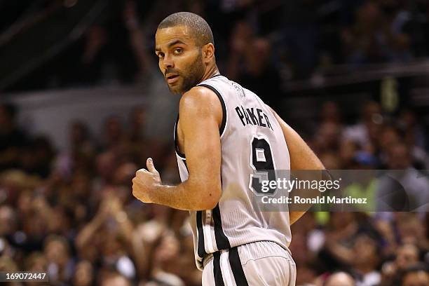 Tony Parker of the San Antonio Spurs reacts in the secon dhalf against the Memphis Grizzlies during Game One of the Western Conference Finals of the...