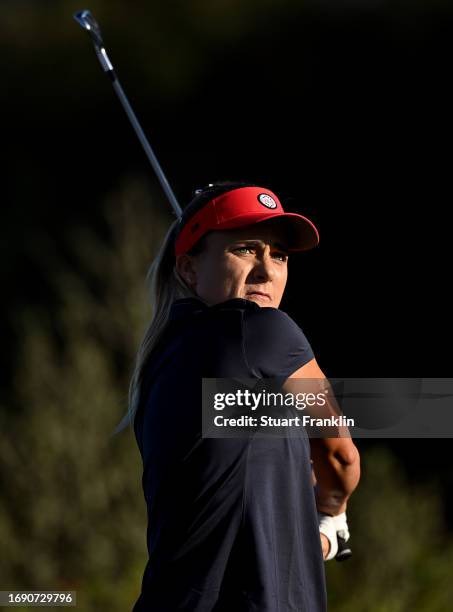 Lexi Thompson of team USA plays a shot during practice prior to the The Solheim Cup at Finca Cortesin Golf Club on September 19, 2023 in Casares,...