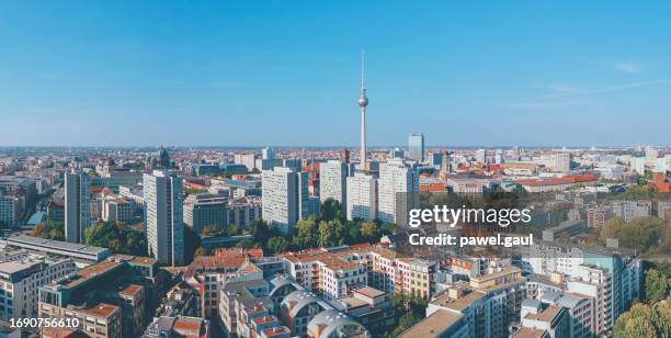 aerial view of downtown east side of berlin with television tower in mitte district, germany - east berlin stock pictures, royalty-free photos & images