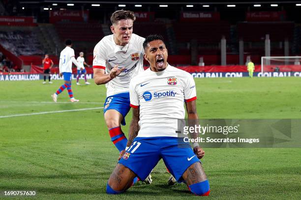 Raphinha of FC Barcelona celebrates 1-1 with Gavi of FC Barcelona during the LaLiga EA Sports match between Real Mallorca v FC Barcelona at the Visit...