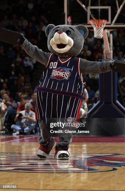 The Houston Rockets mascot Clutch entertains during a break in the game between the Rockets and the San Antonio Spurs at Compaq Center on December 3,...