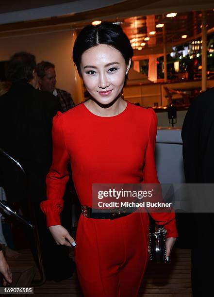 Actress Lin Peng attends the Glacier Films launch party hosted by Hayden C and Michael Saylor aboard the Yacht Harle on May 19, 2013 in Cannes,...