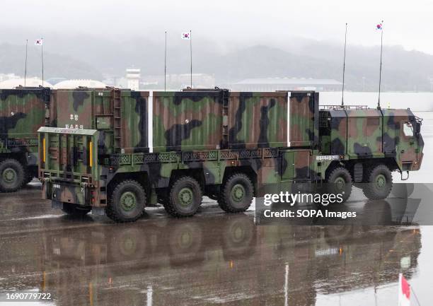 South Korea's armored vehicles carrying Hyunmoo surface-to-surface missile displayed during a ceremony marking the 75th founding anniversary of the...