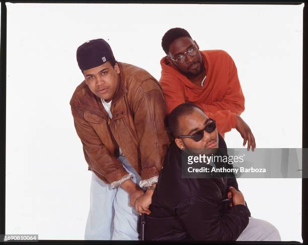 Portrait of American hip hop trio De la Soul, as they pose in front of a white background, 1991. Pictured are, from left, Vincent Mason , Kelvin...