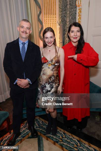Russell Tovey, Daria Blum and Marina Abramovic attend The Claridge's Royal Academy Schools Art Prize at Claridge's on September 26, 2023 in London,...
